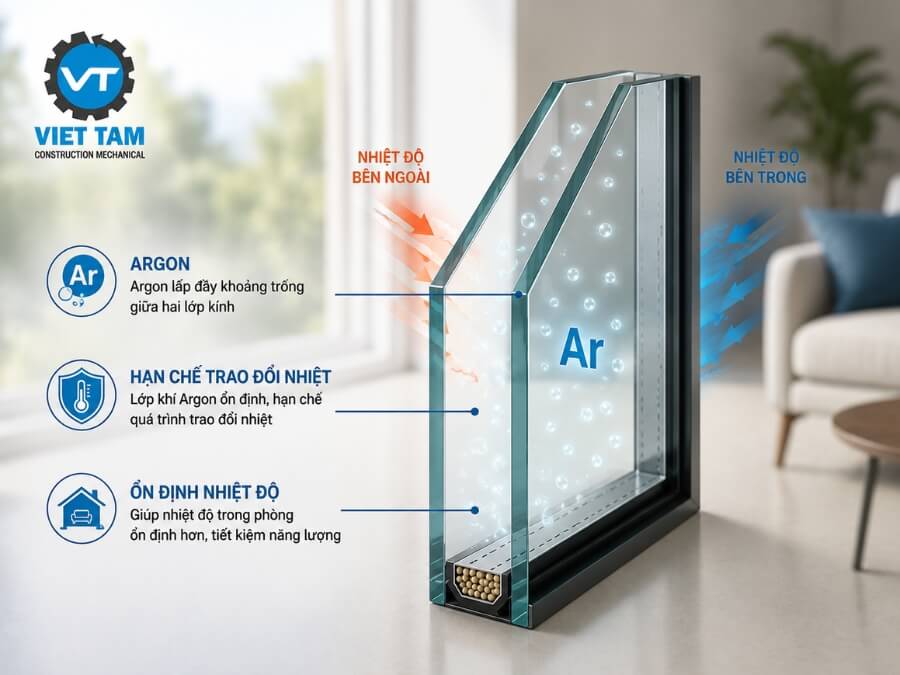 Khí Argon trong hộp kính giúp điều hòa trong phòng hoạt động tiết kiệm điện năng