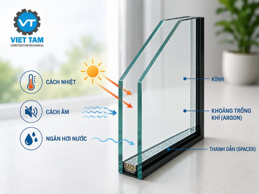 Khoảng trống giữa 2 lớp kính được bơm khí Argon