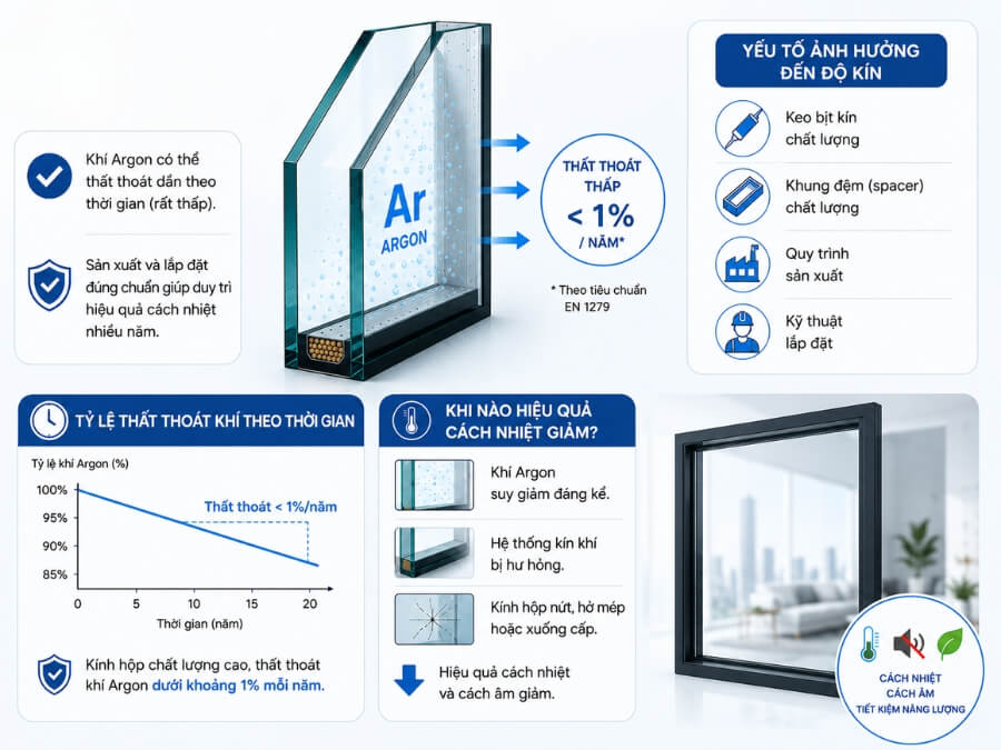 Argon thất thoát trong kính hộp còn phụ thuộc vào nhiều yếu tố khác
