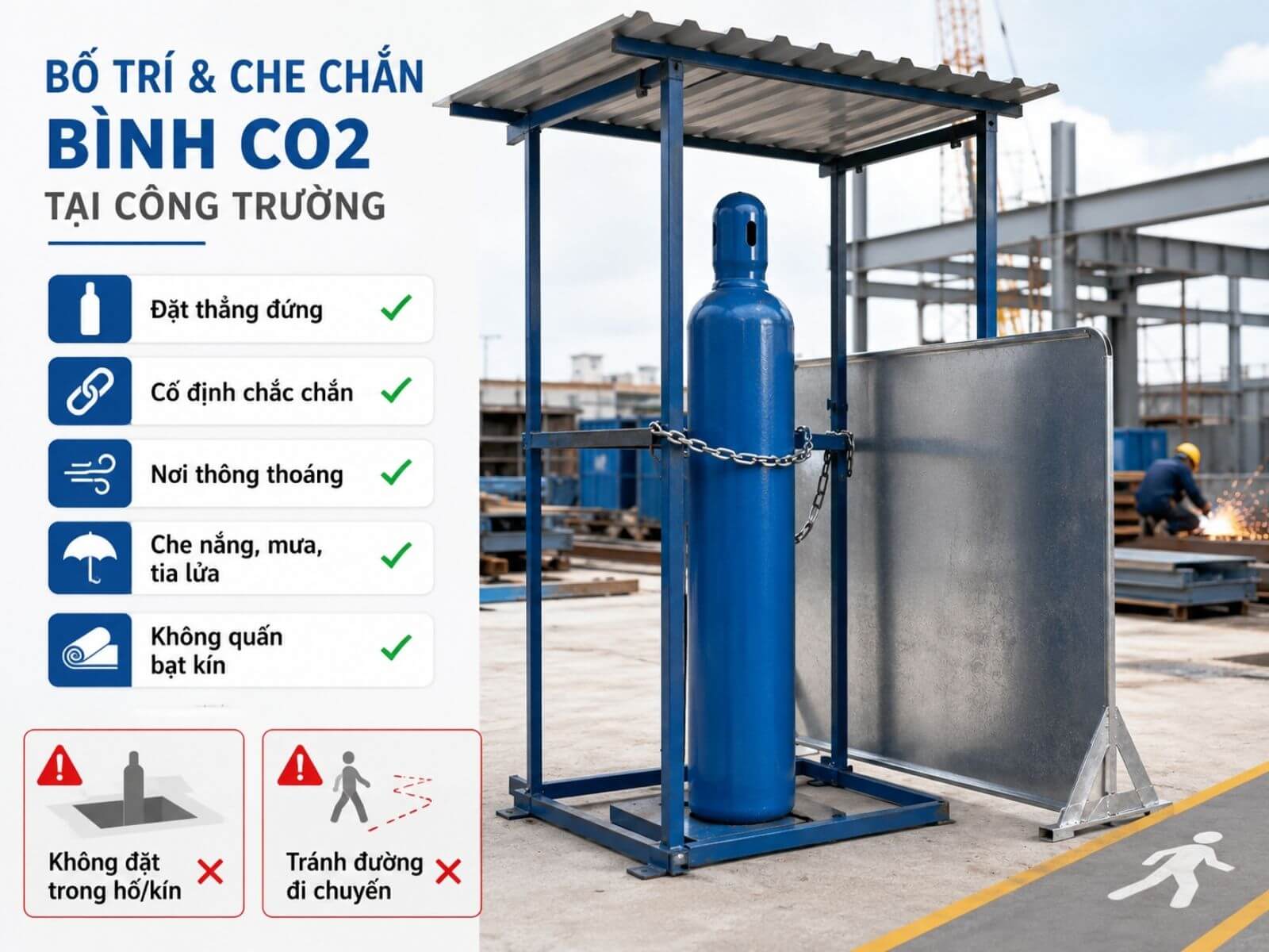 Bình khí CO2 tại công trường cần được bố trí và che chắn như thế nào?
