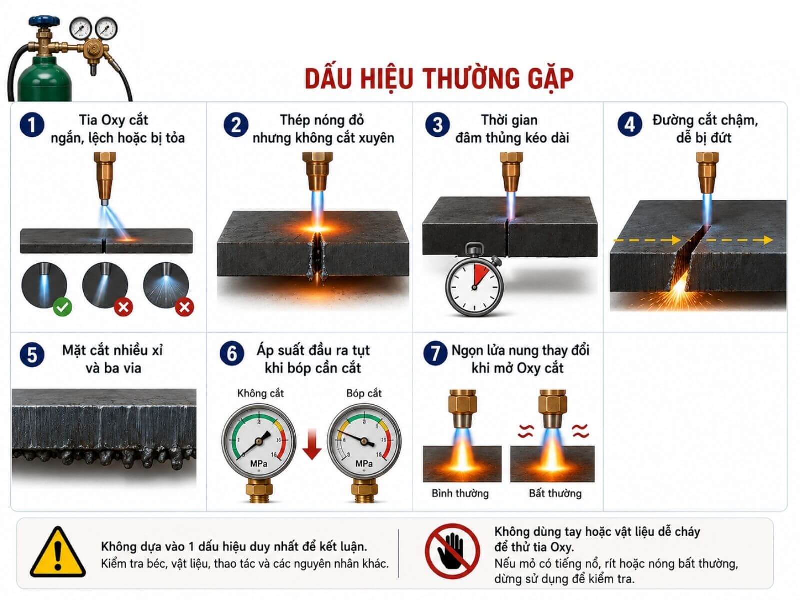 Bình oxy còn áp nhưng cắt yếu có dấu hiệu gì?