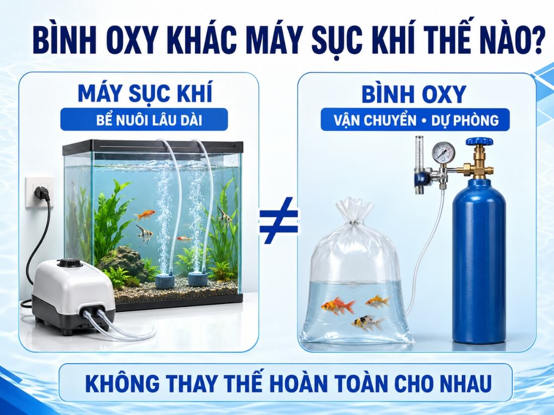 Bình Oxy khác máy sục khí thế nào