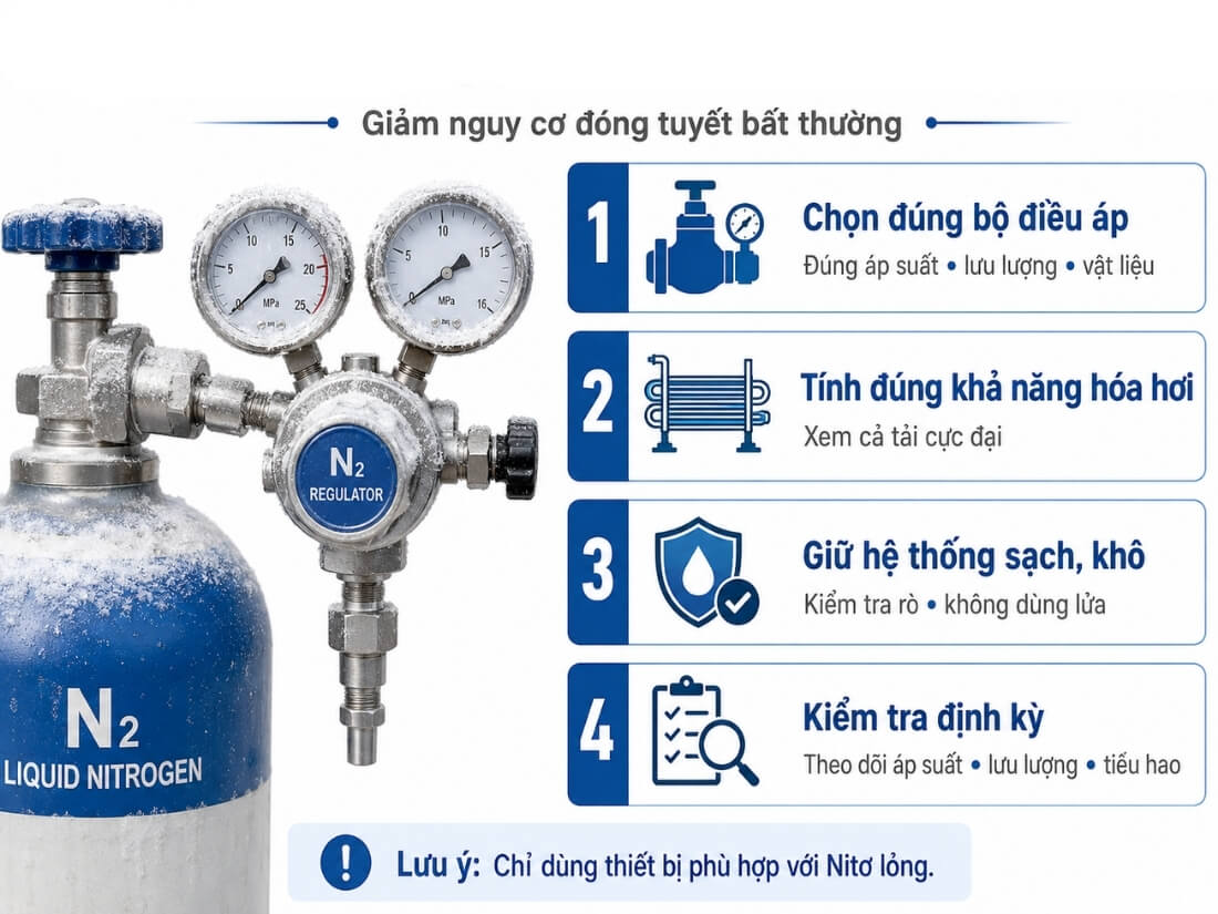 Cách hạn chế hiện tượng bộ điều áp Nito lỏng bị đóng tuyết