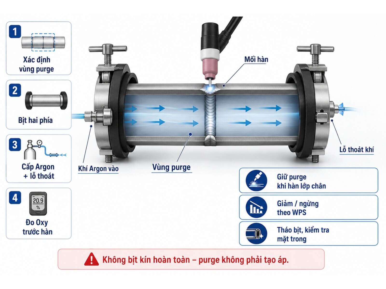 Cách purge mặt sau khi hàn TIG đường ống inox