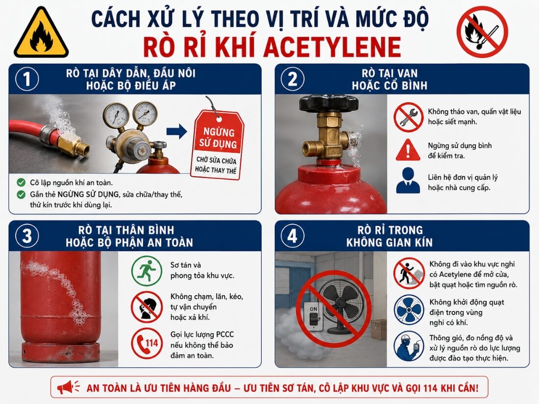 Cách xử lý theo vị trí và mức độ rò rỉ khí Acetylene