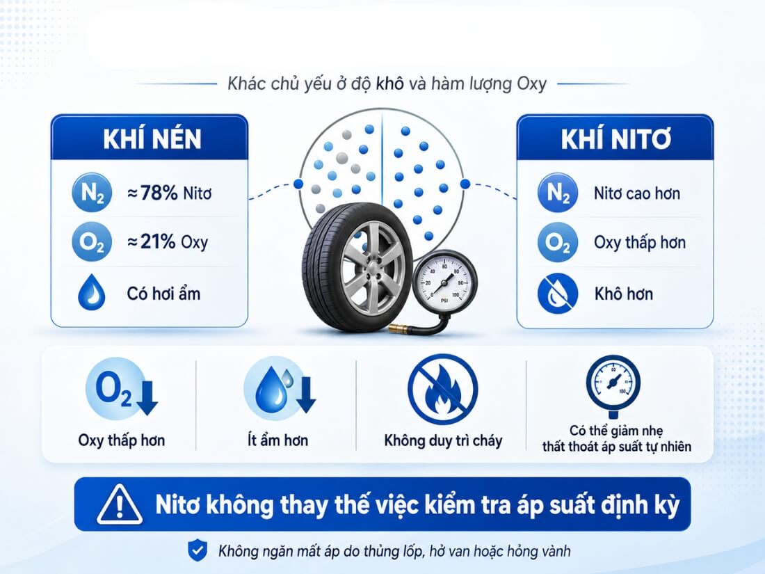Khí Nito khác Khí nén chủ yếu ở độ khô và hàm lượng Oxy