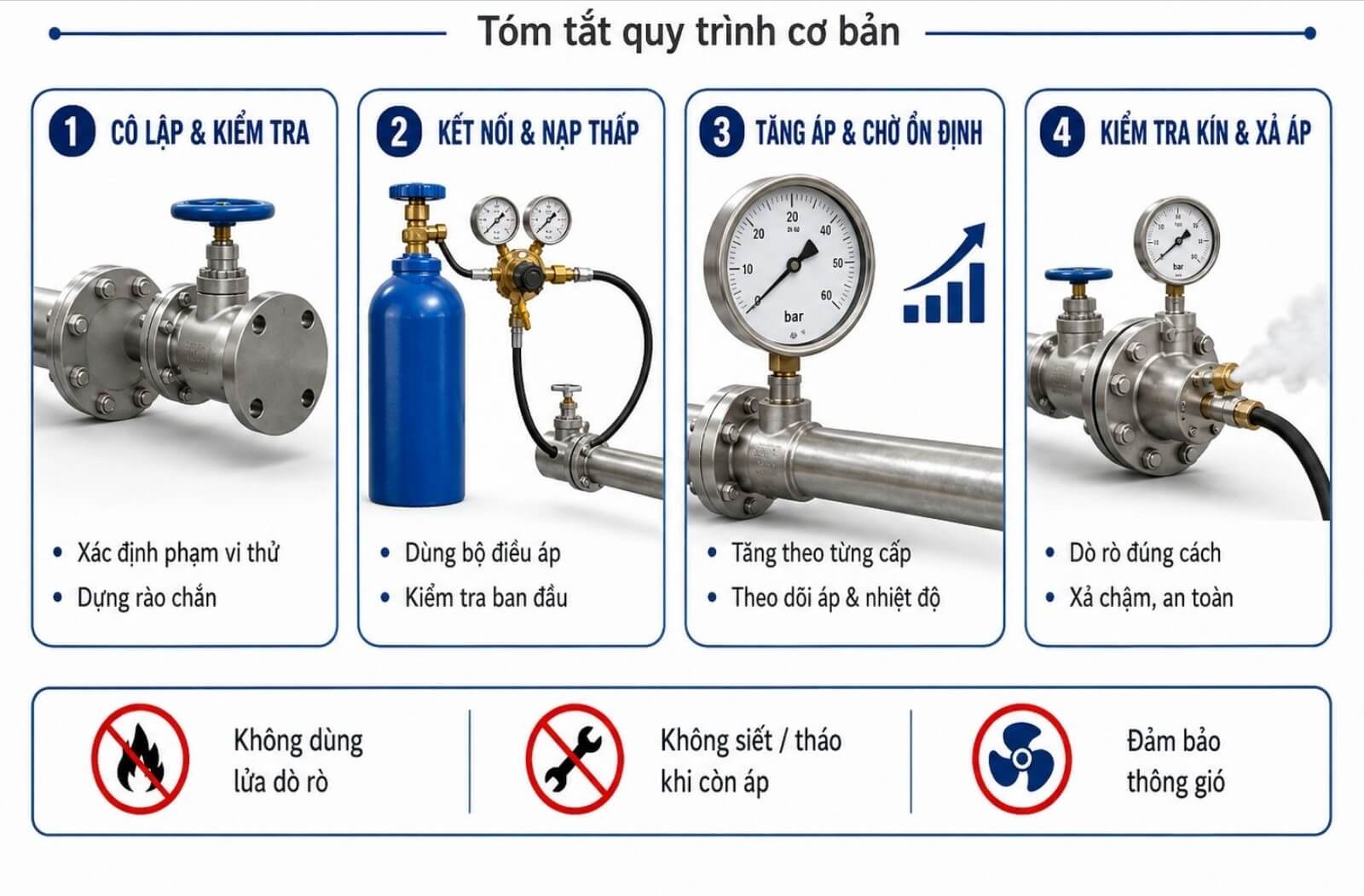 Nguyên tắc thực hiện thử áp và thử kín bằng Nitơ