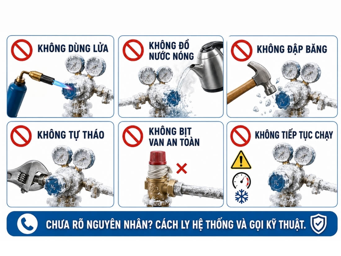 Những việc không nên làm khi bộ điều áp Nito lỏng bị đóng tuyết