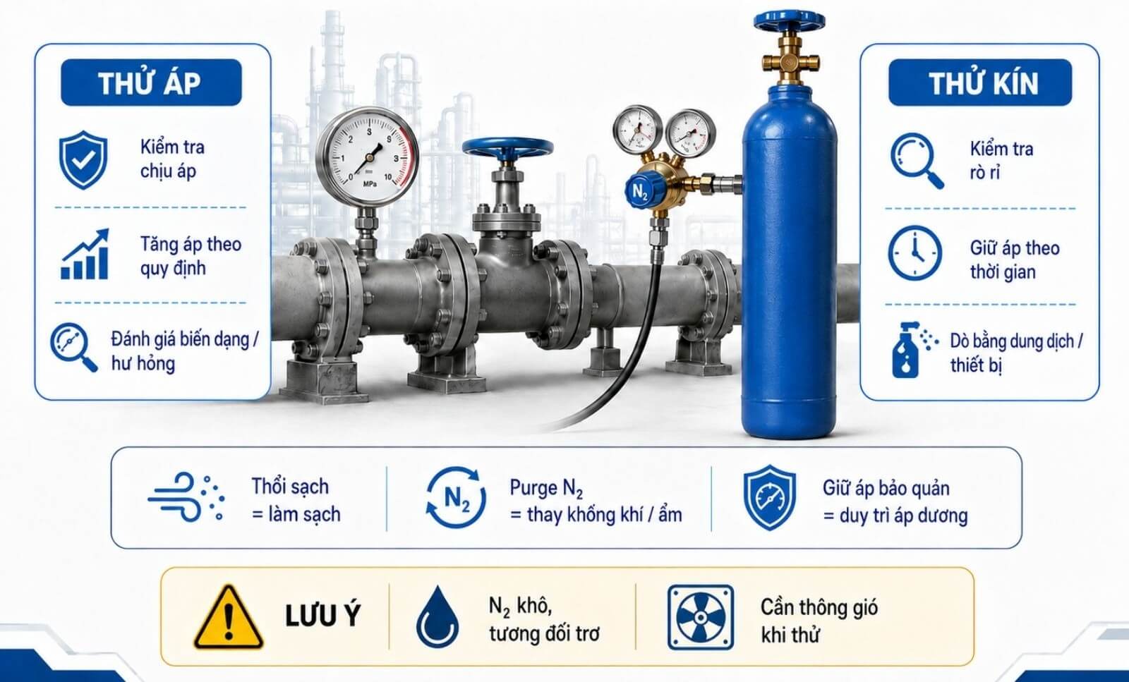 Thử áp và thử kín đường ống bằng khí Nitơ là gì?
