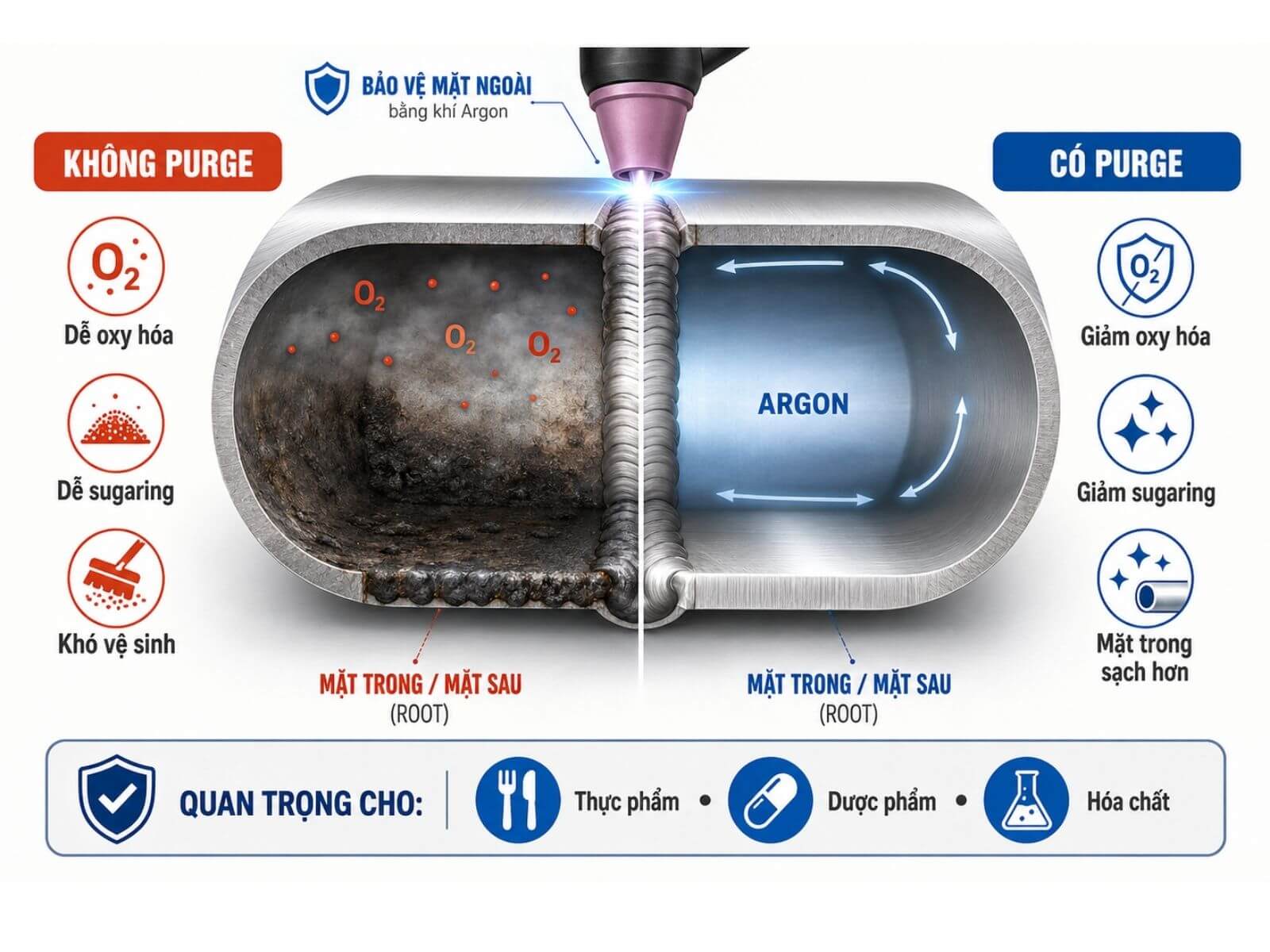 Vì sao cần purge mặt sau khi hàn TIG inox?