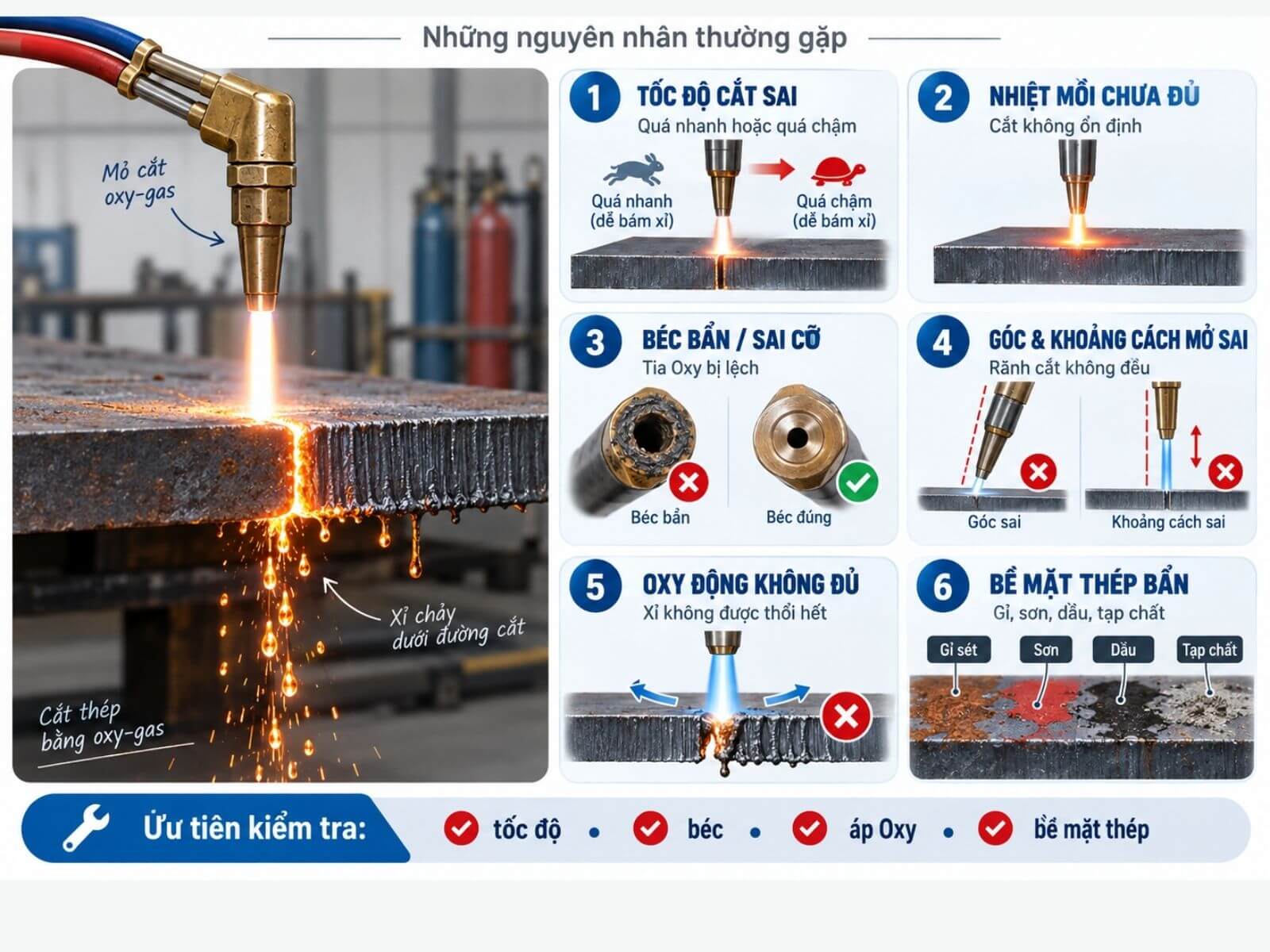 Nguyên Nhân Cắt Oxy–Gas Bị Dính Xỉ Ở Mặt Dưới