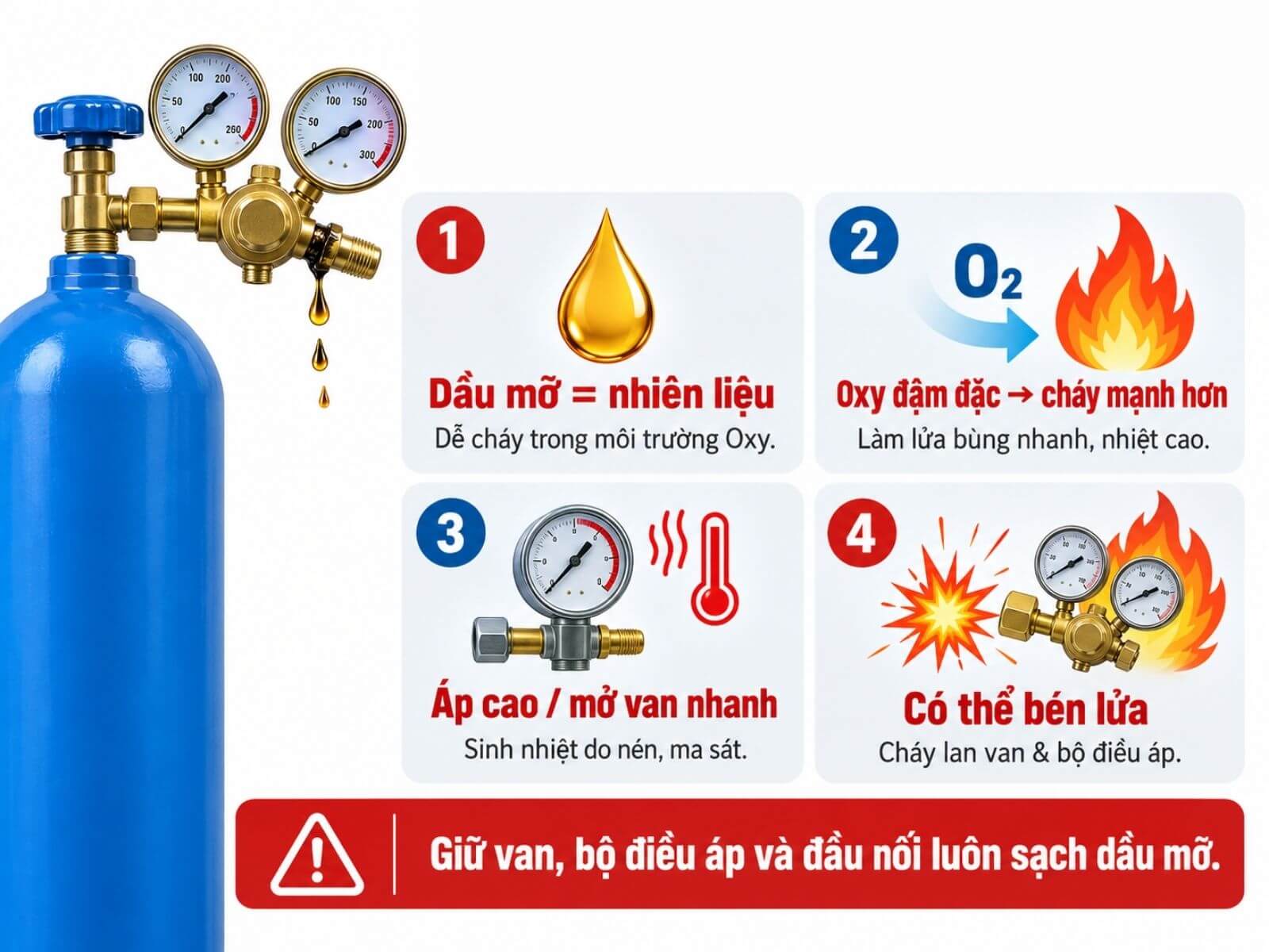 Vì Sao Bộ Điều Áp Oxy Dính Dầu Mỡ Đặc Biệt Nguy Hiểm?