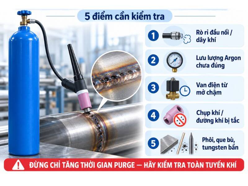 Purge rồi nhưng mối hàn đầu tiên vẫn đen hoặc rỗ phải kiểm tra gì?