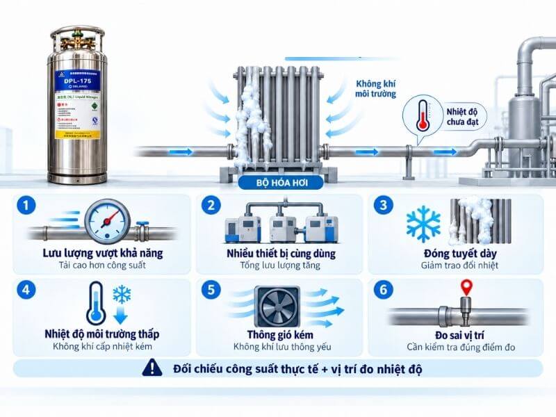 Lý do khí Nitơ sau bộ hóa hơi không đạt nhiệt độ yêu cầu